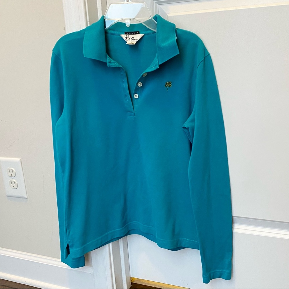 Lilly Pulitzer Vintage Stretch Long Sleeve Shrunken Polo Shirt S Marina Blue